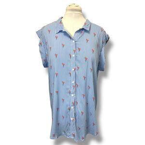 Per Se Womens Short Sleeve Button Down Novelty Stripe Pink Flamingo Shirt XL